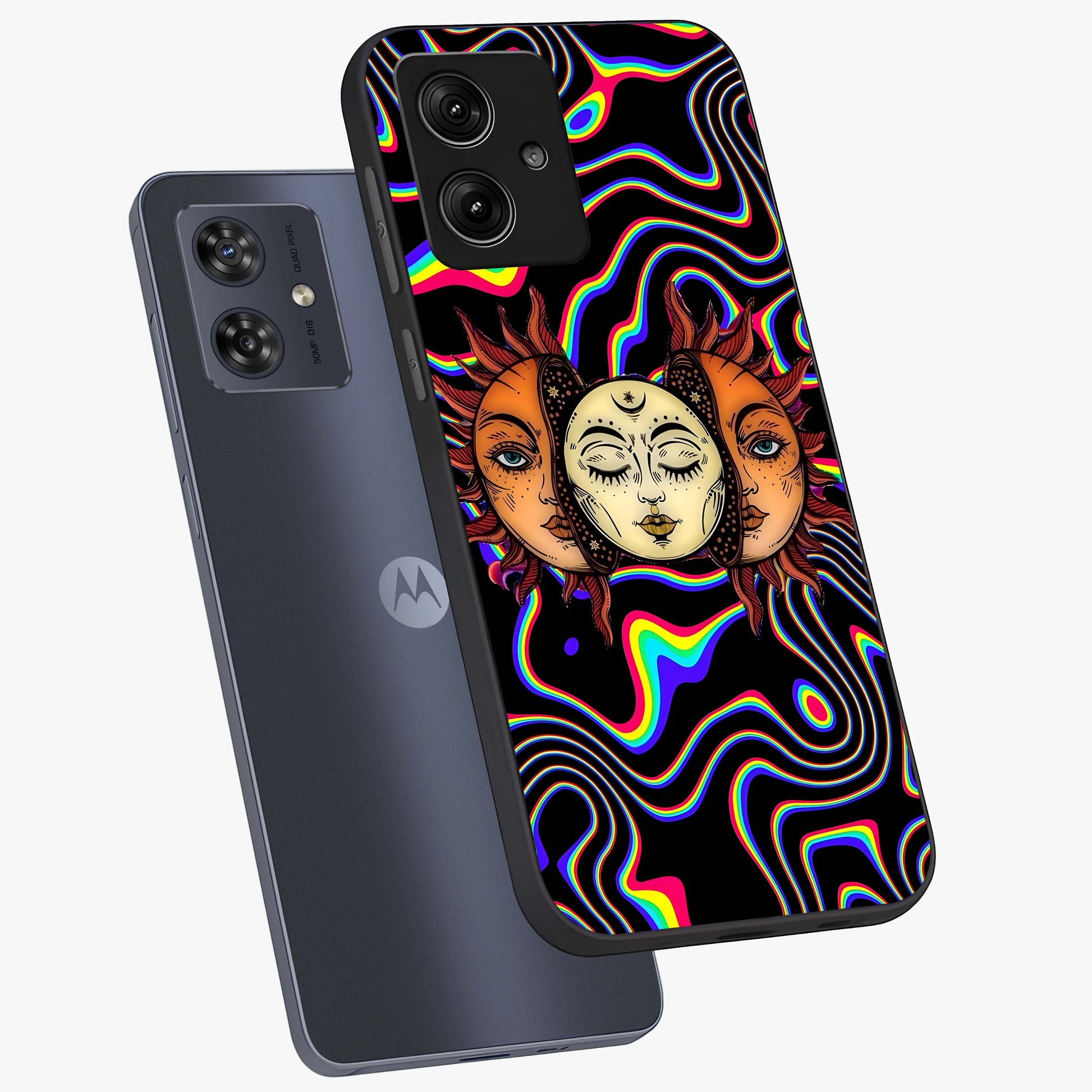 Psychedelic Sun Glass Case displayed in angled mockup highlighting vibrant abstract sun design with artistic aesthetic style.
