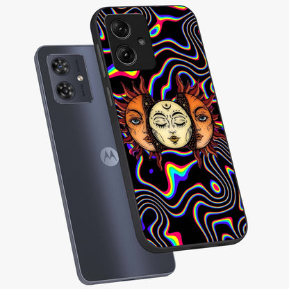 Psychedelic Sun Glass Case displayed in angled mockup highlighting vibrant abstract sun design with artistic aesthetic style.