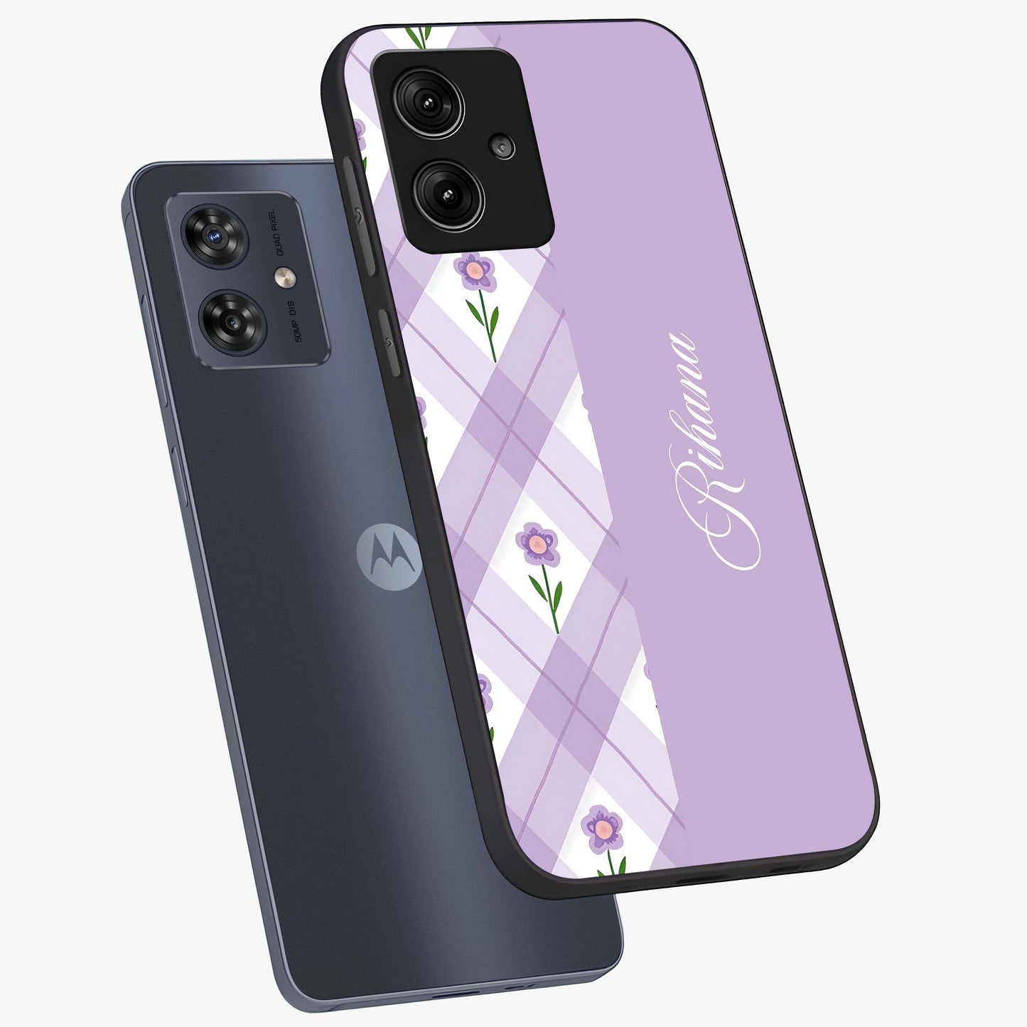 Purple Diamond Floral Glass Case displayed in angled mockup highlighting elegant purple flower design with decorative pattern.