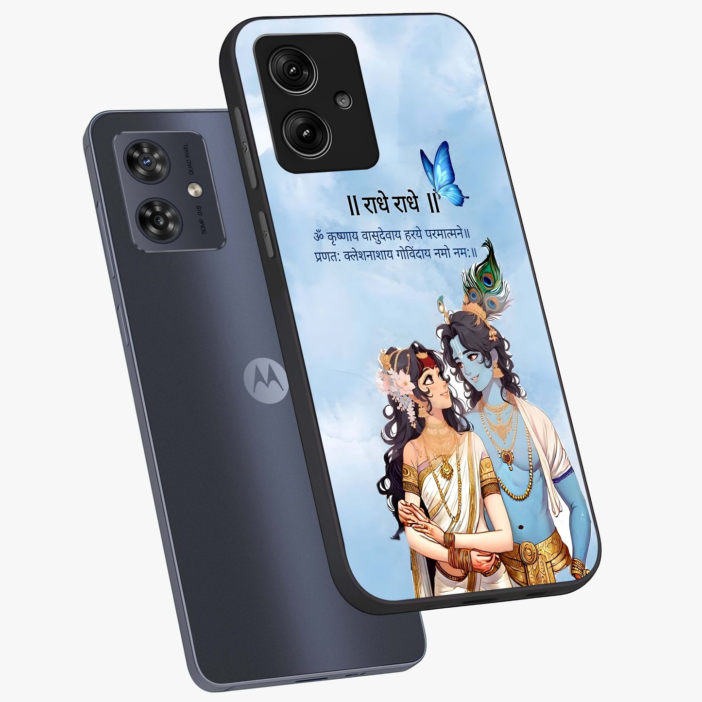 Radha Krishna Eternal Glass Case displayed in angled mockup highlighting divine Radha Krishna illustration with spiritual aesthetic.