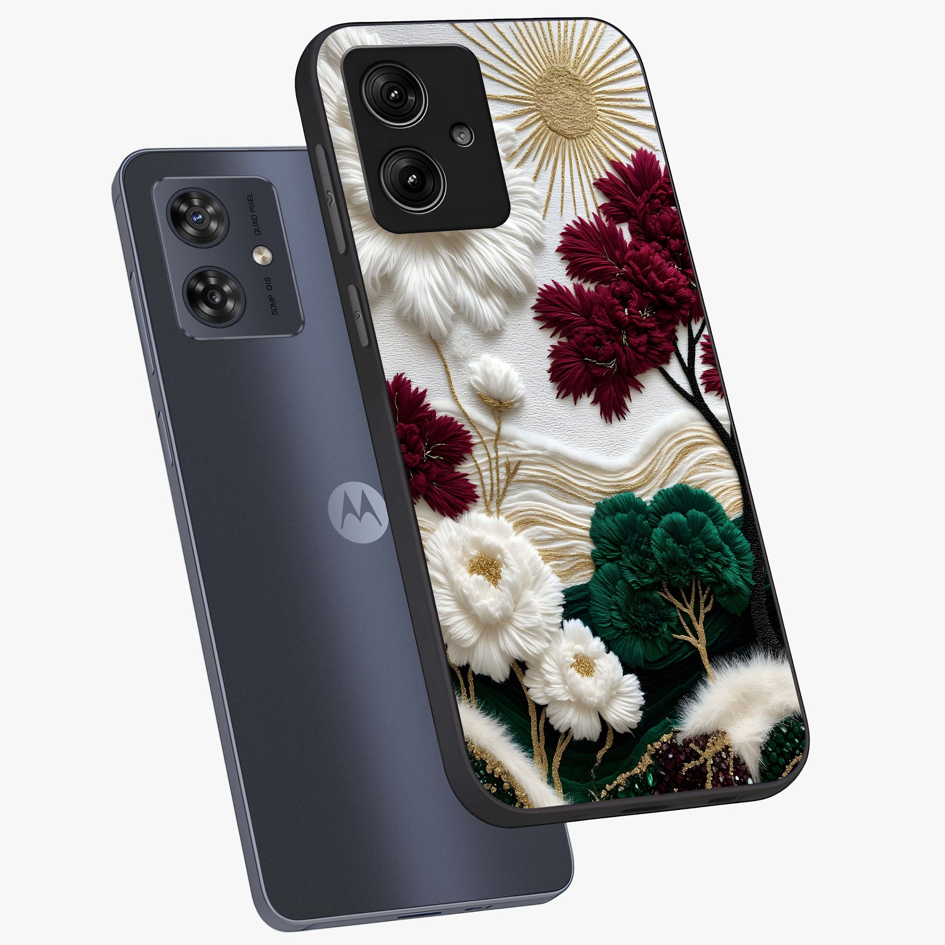 Radiant Bloom Elegance Glass Case displayed in angled mockup highlighting graceful floral design with radiant aesthetic style.