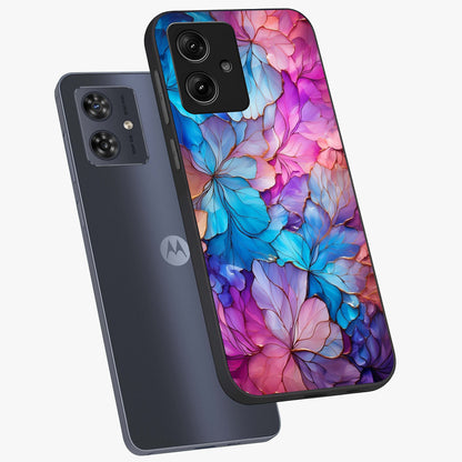 Radiant Floral Whirl Glass Case displayed in angled mockup highlighting vibrant flower pattern with dynamic artistic aesthetic.