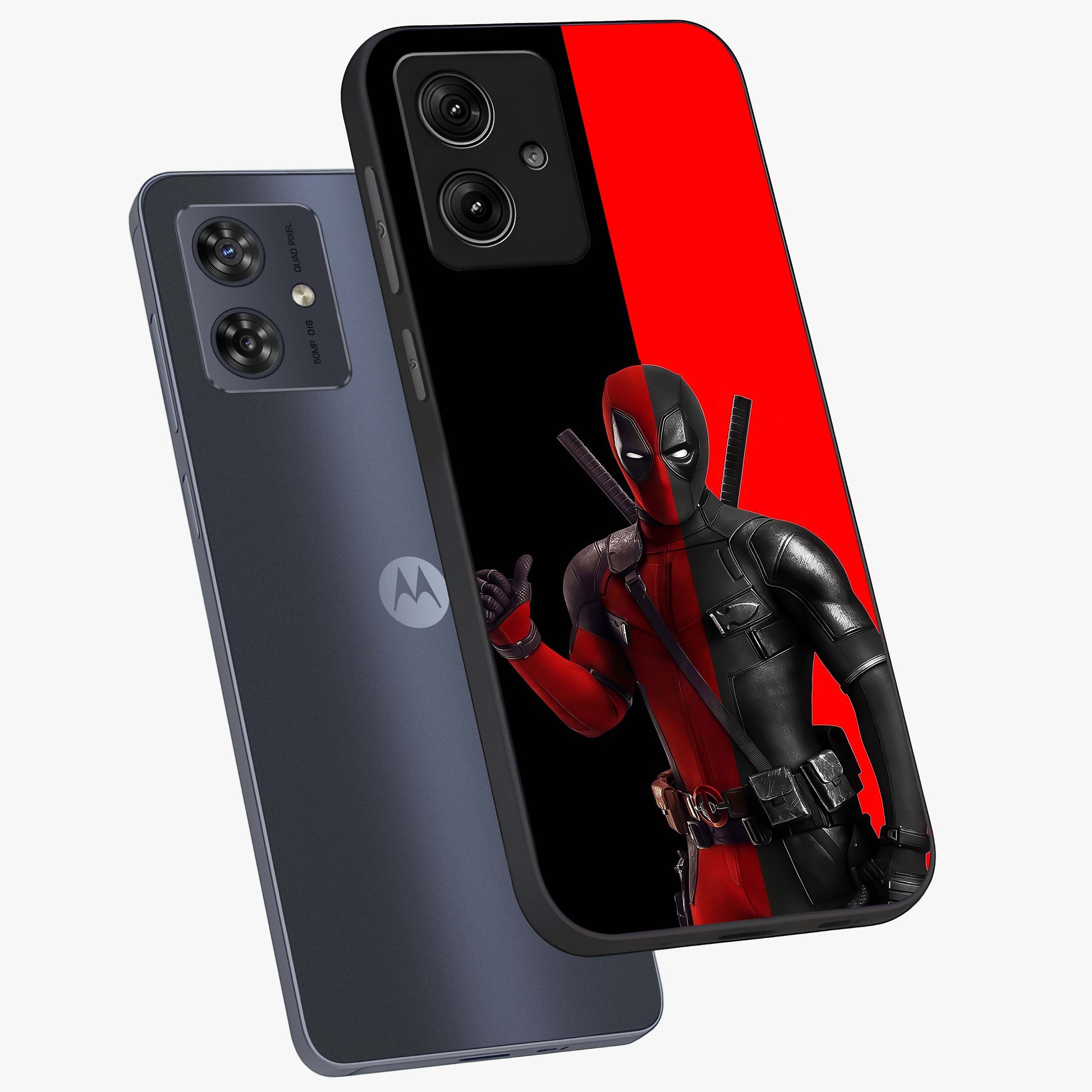 Red & Black Deadpool Theme Glass Case displayed in angled mockup highlighting vibrant superhero style illustration with action aesthetic.