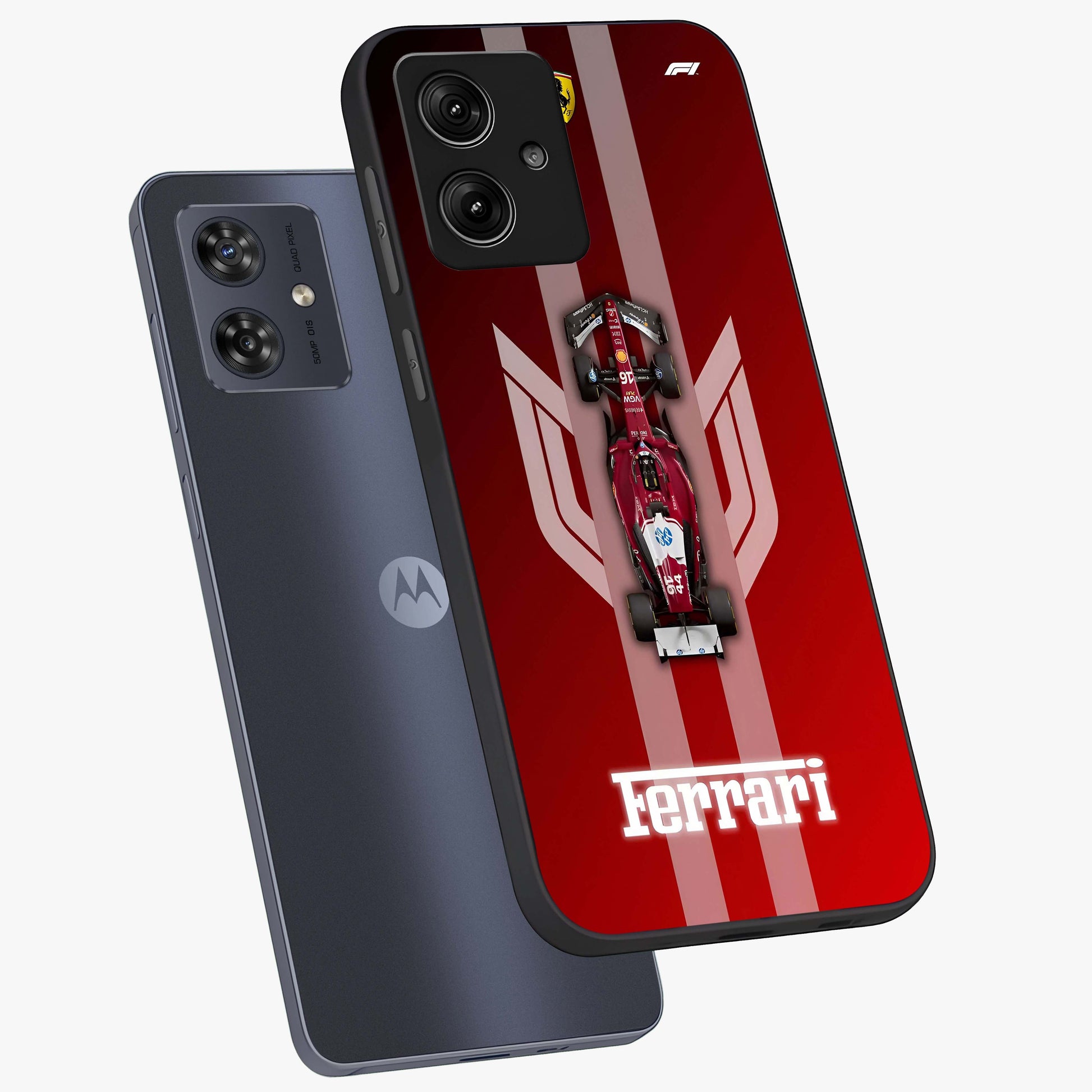 Red Ferrari F1 Vertical Glass Case displayed in angled mockup highlighting high speed racing design with bold automotive aesthetic.