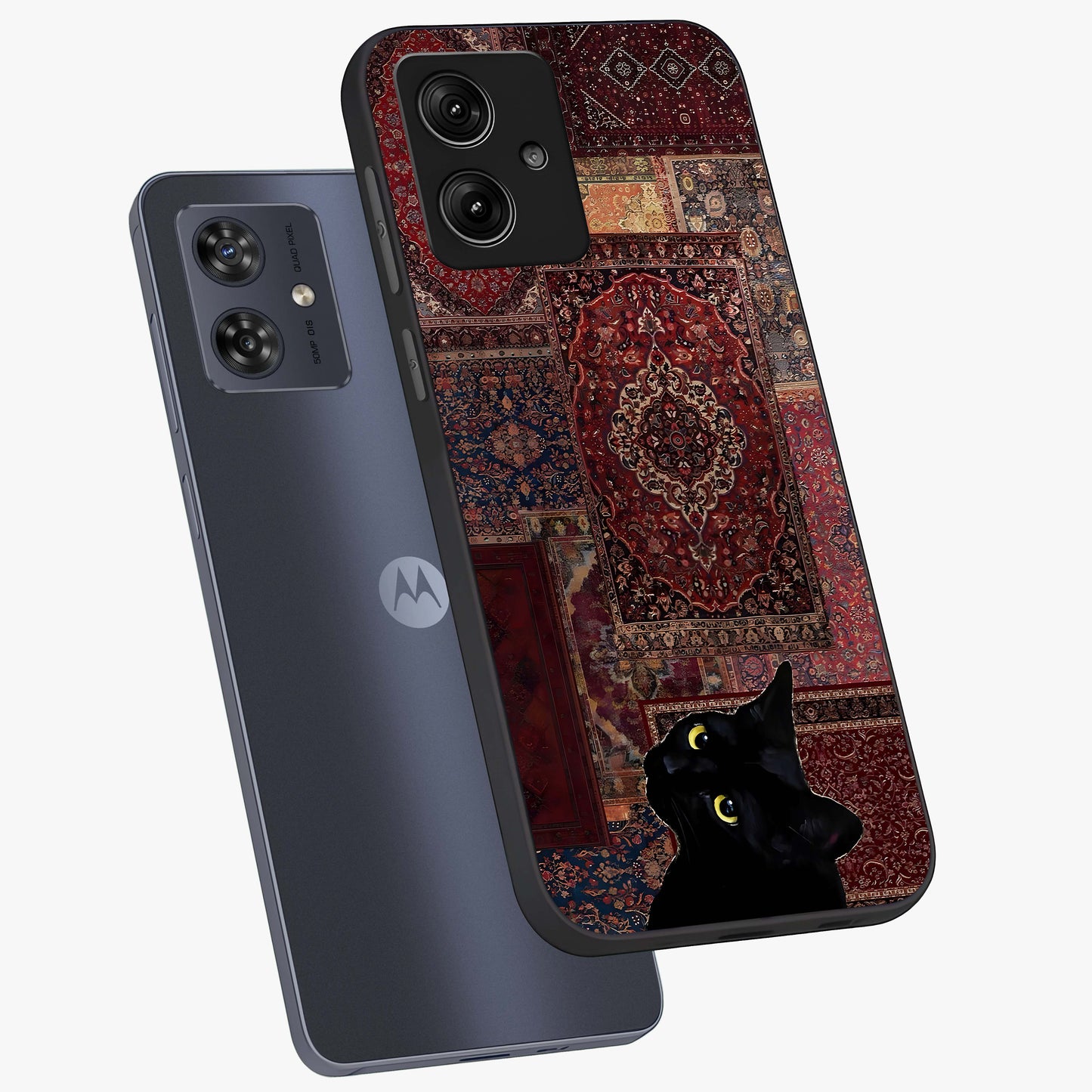 Regal Magic Cat Apple Glass Case displayed in angled mockup highlighting whimsical feline design with fantasy aesthetic.