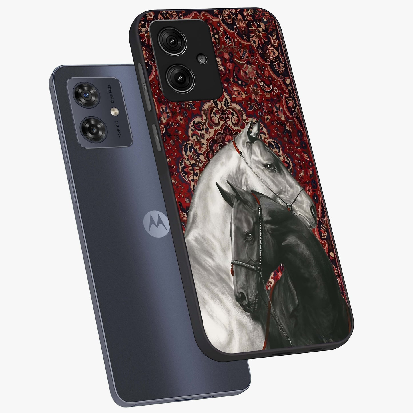 Regal Stallion Tapestry Glass Case displayed in angled mockup highlighting royal stallion design with decorative heritage aesthetic.
