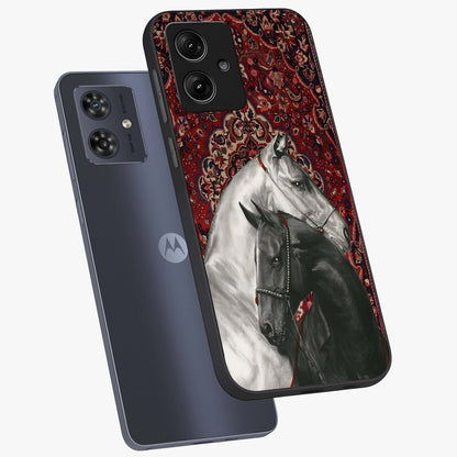 Regal Stallion Tapestry Glass Case displayed in angled mockup highlighting royal stallion design with decorative heritage aesthetic.