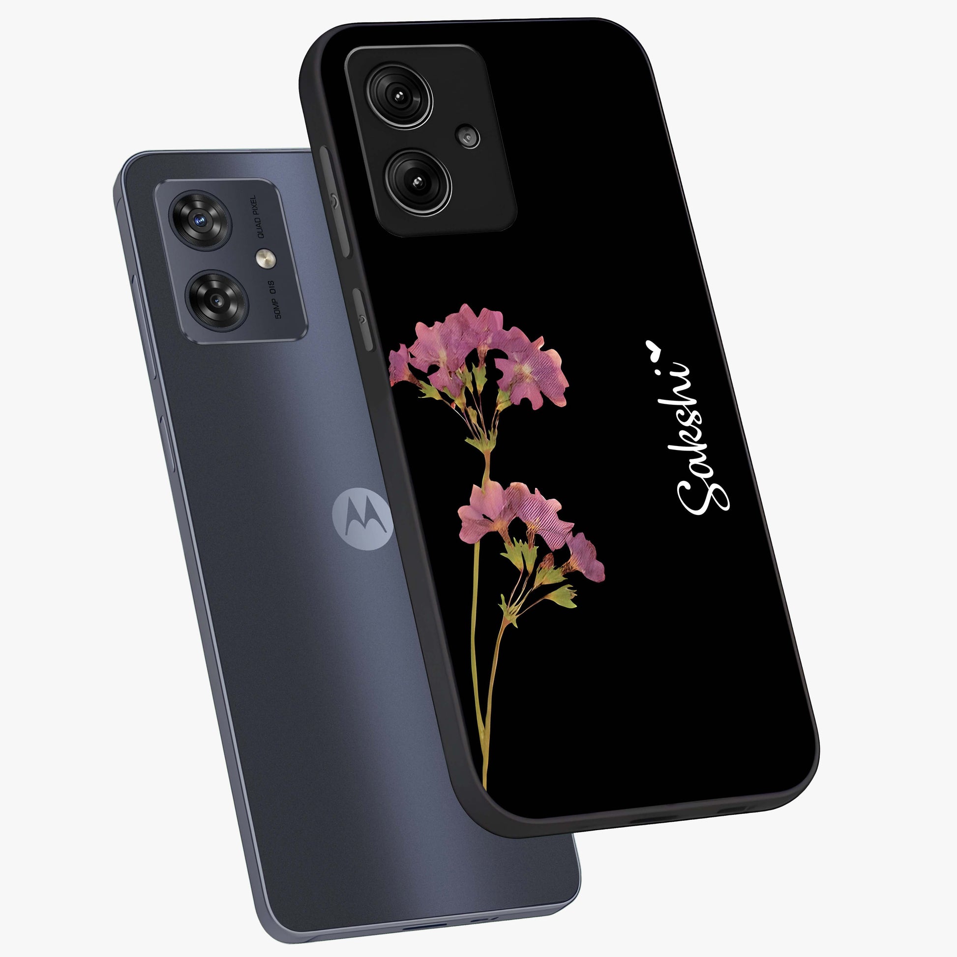 Riching Lavender Flower Custom Name Glass Case displayed in angled mockup highlighting delicate lavender flower design with custom name feature.