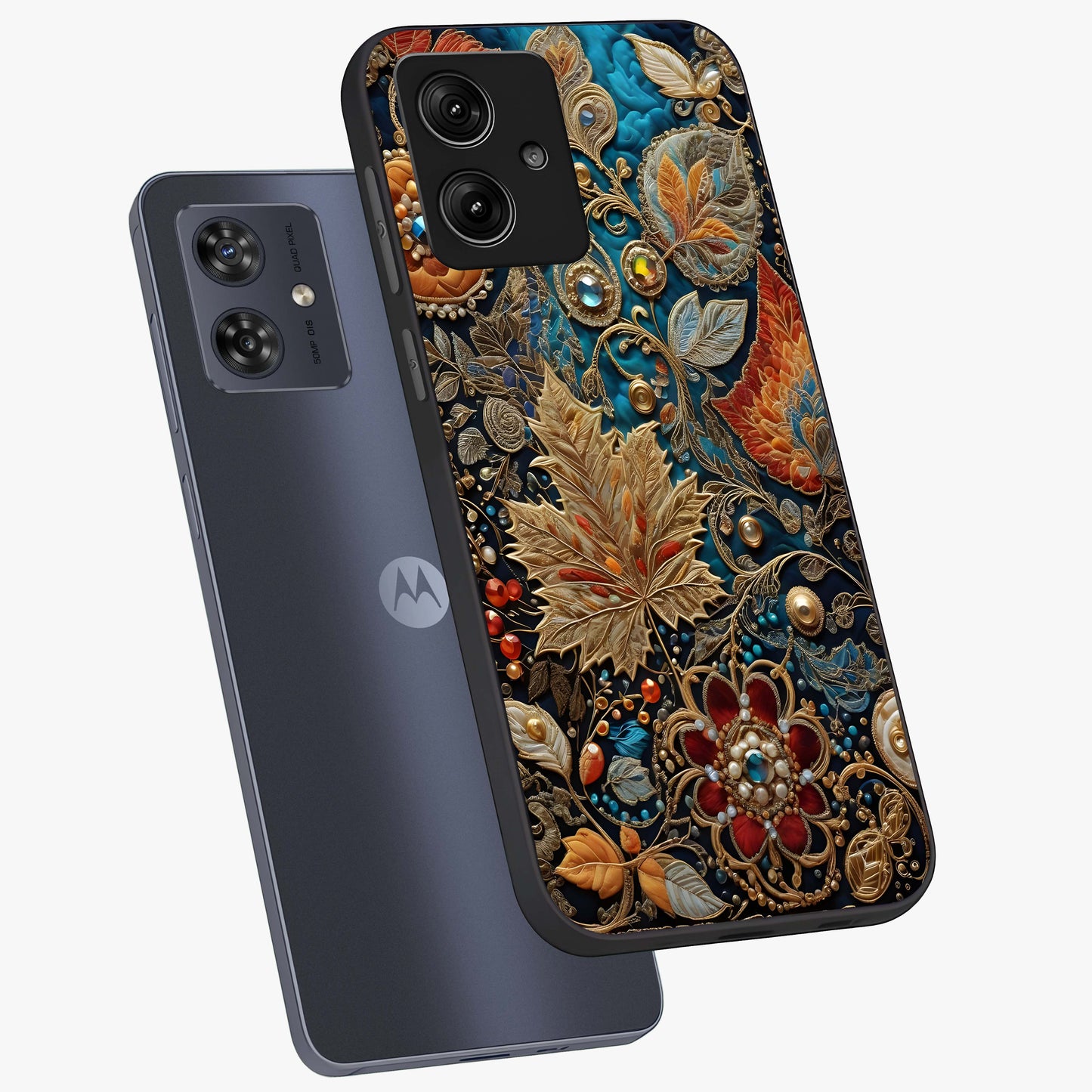 Royal Jewel Garden Glass Case displayed in angled mockup highlighting vibrant jewel inspired floral design with elegant aesthetic.
