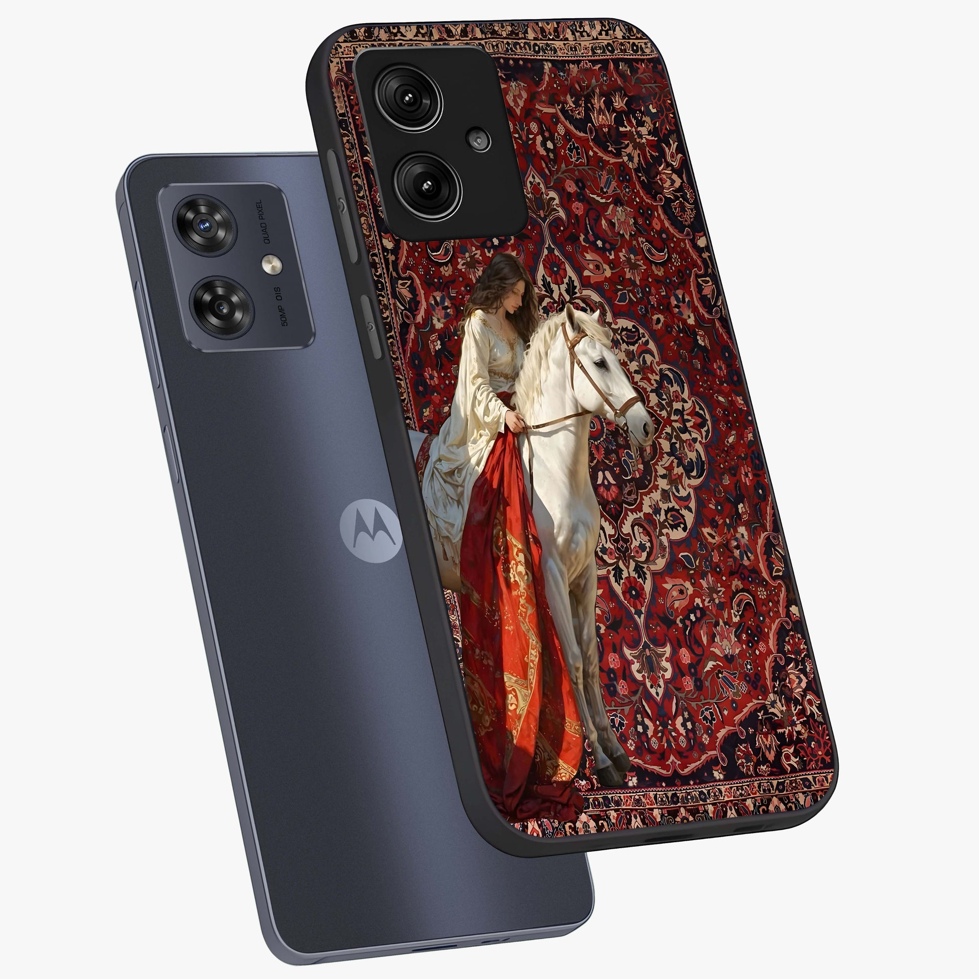 Royal Rider Tapestry Glass Case displayed in angled mockup highlighting traditional tapestry design with royal heritage aesthetic.