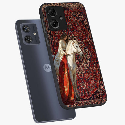 Royal Rider Tapestry Glass Case displayed in angled mockup highlighting traditional tapestry design with royal heritage aesthetic.