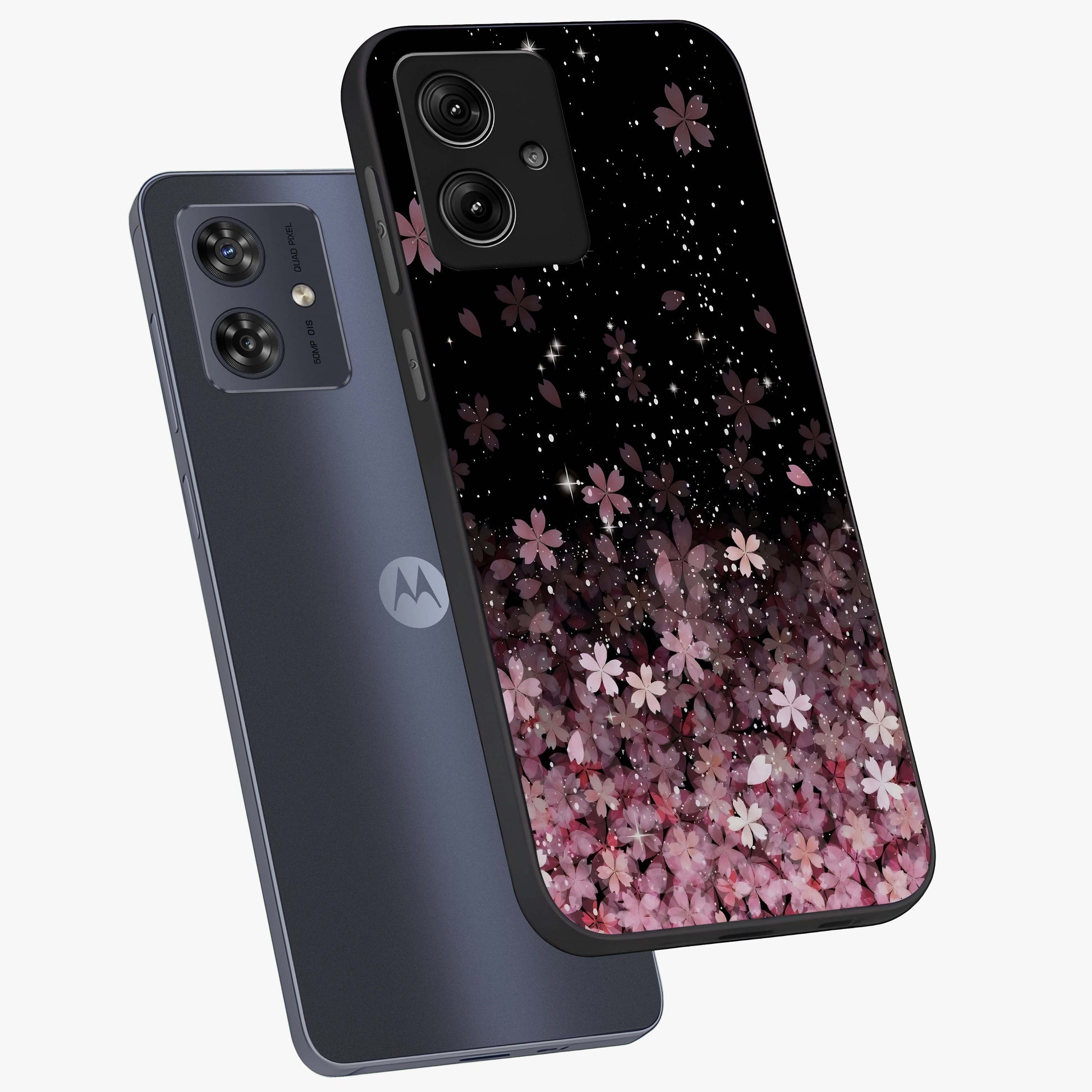 Small Starry Flowers Glass Case displayed in angled mockup highlighting tiny flower pattern with celestial aesthetic style.