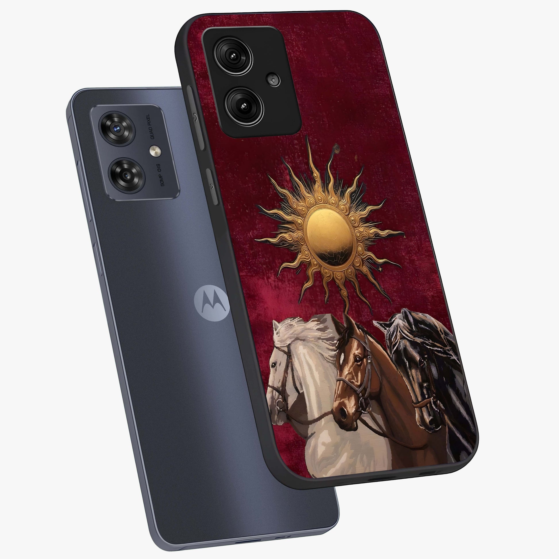 Solar Riders Glass Case displayed in angled mockup highlighting powerful rider illustration with radiant solar aesthetic.