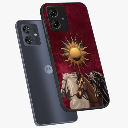 Solar Riders Glass Case displayed in angled mockup highlighting powerful rider illustration with radiant solar aesthetic.