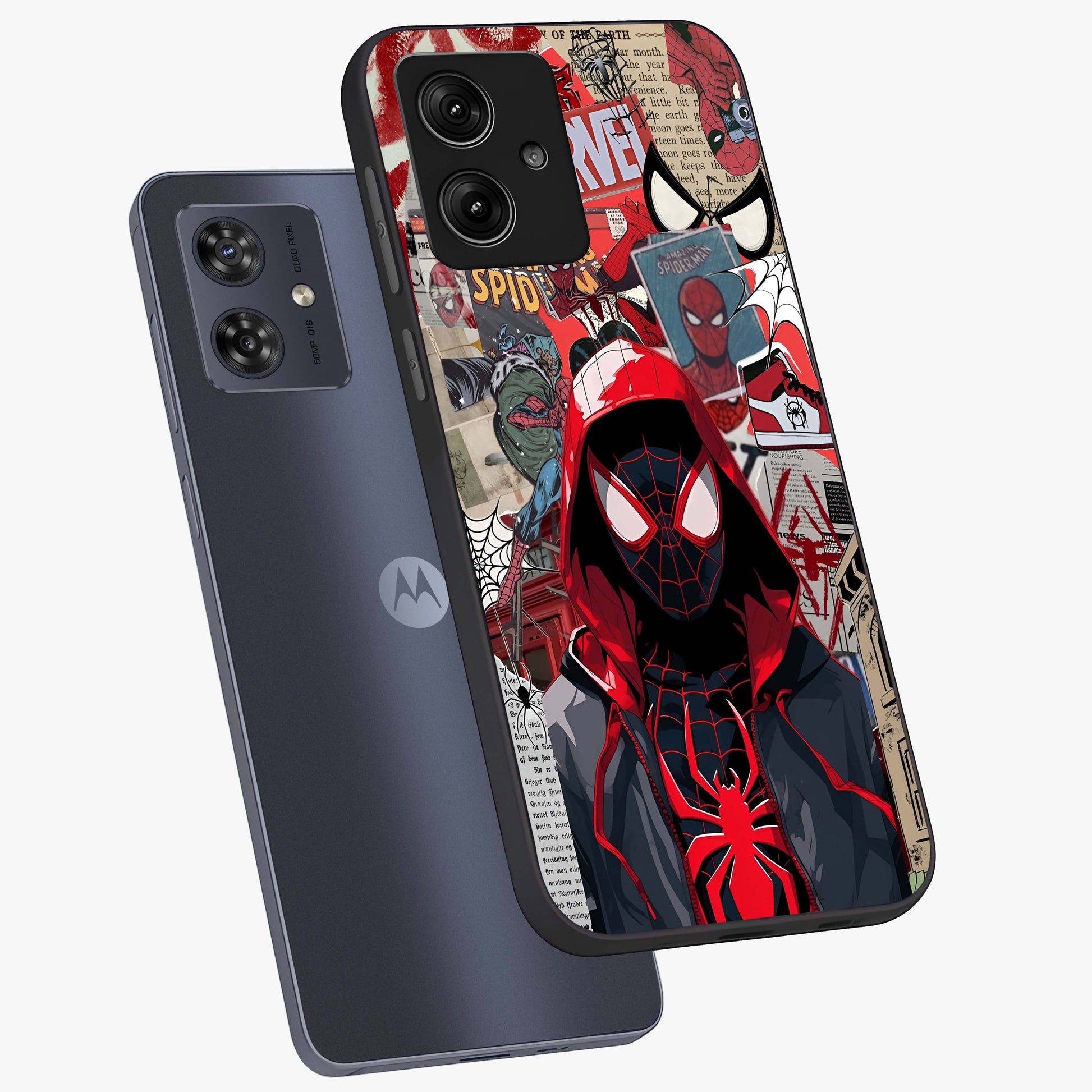 Spider Collage Street Glass Case displayed in angled mockup highlighting dynamic street style collage design with comic aesthetic.