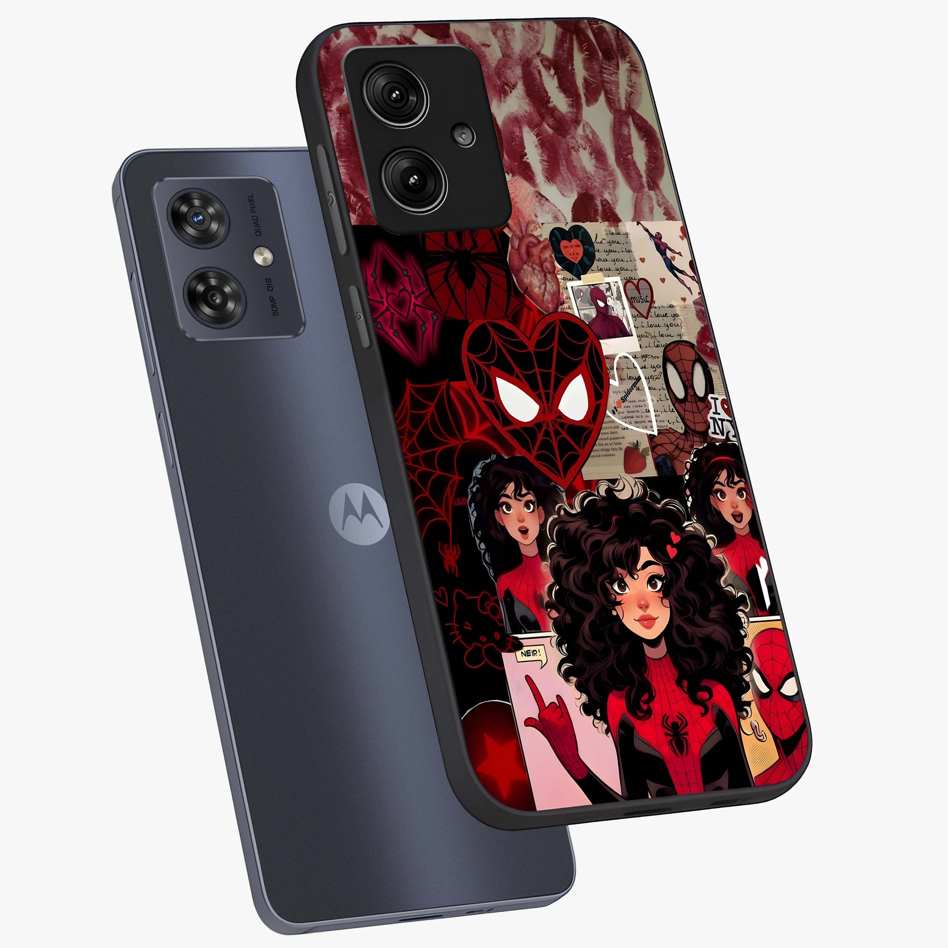 Spider Love Story Glass Case displayed in angled mockup highlighting expressive comic inspired design with playful aesthetic.