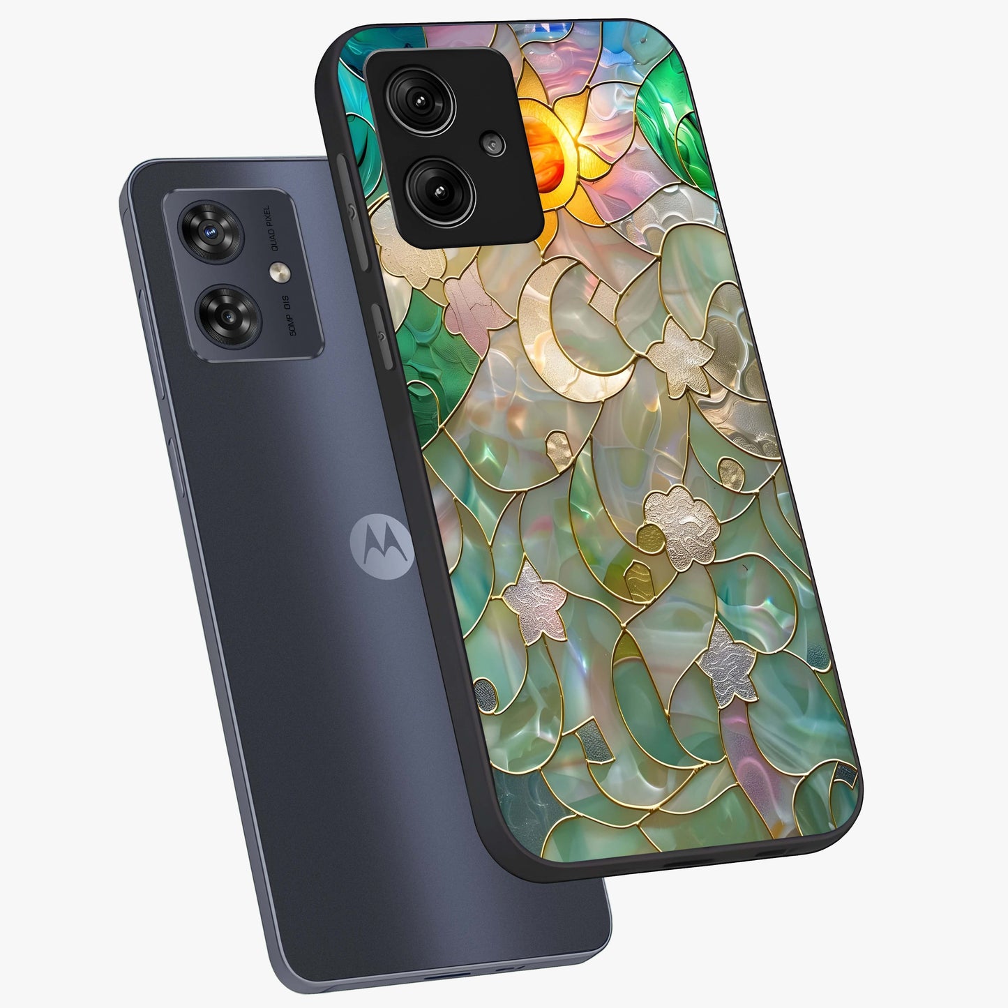 Stained Sunrise Glow Glass Case displayed in angled mockup highlighting radiant sunrise design with artistic aesthetic style.