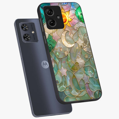 Stained Sunrise Glow Glass Case displayed in angled mockup highlighting radiant sunrise design with artistic aesthetic style.