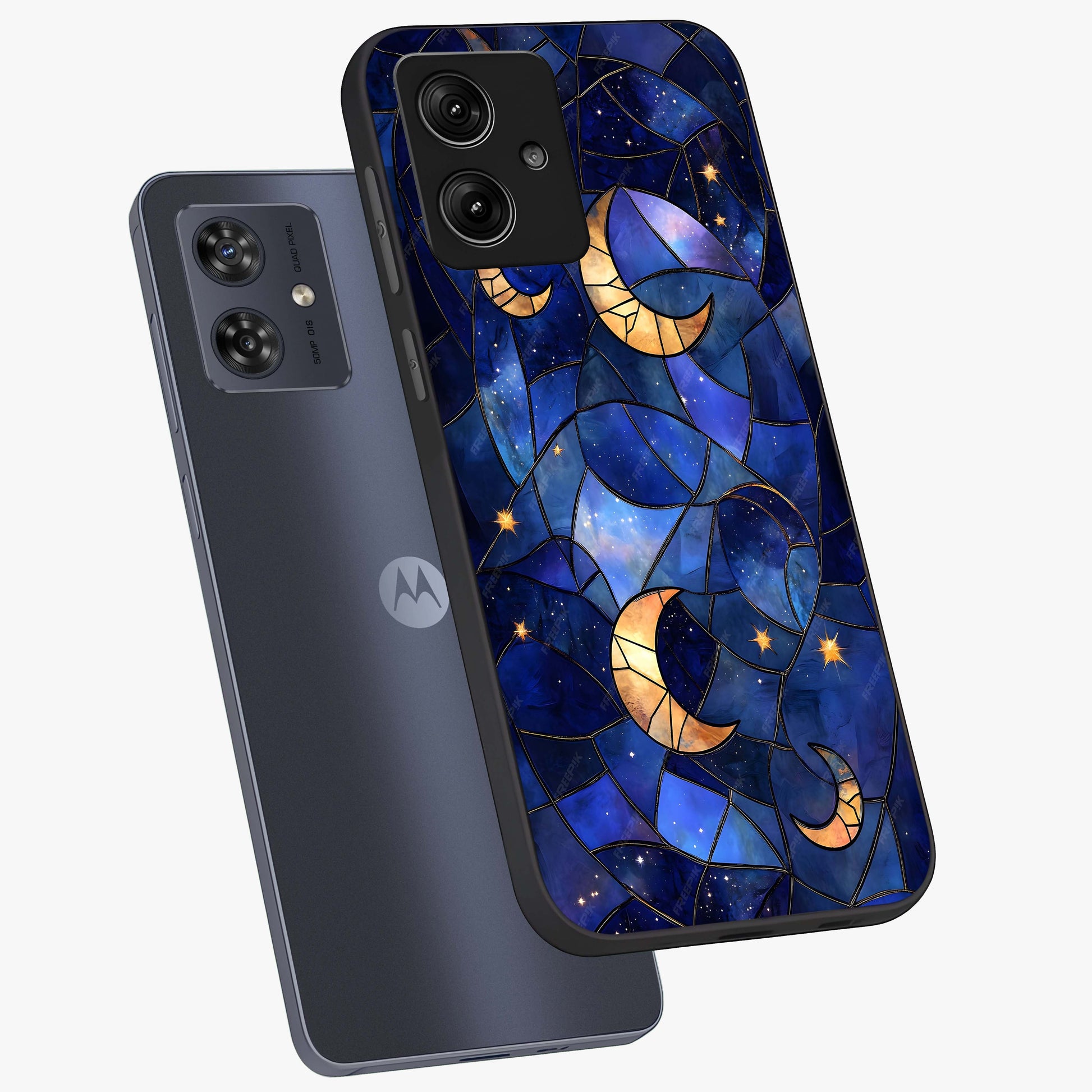 Starlit Sky Tapestry Glass Case displayed in angled mockup highlighting celestial night pattern with artistic aesthetic style.