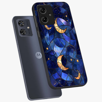 Starlit Sky Tapestry Glass Case displayed in angled mockup highlighting celestial night pattern with artistic aesthetic style.