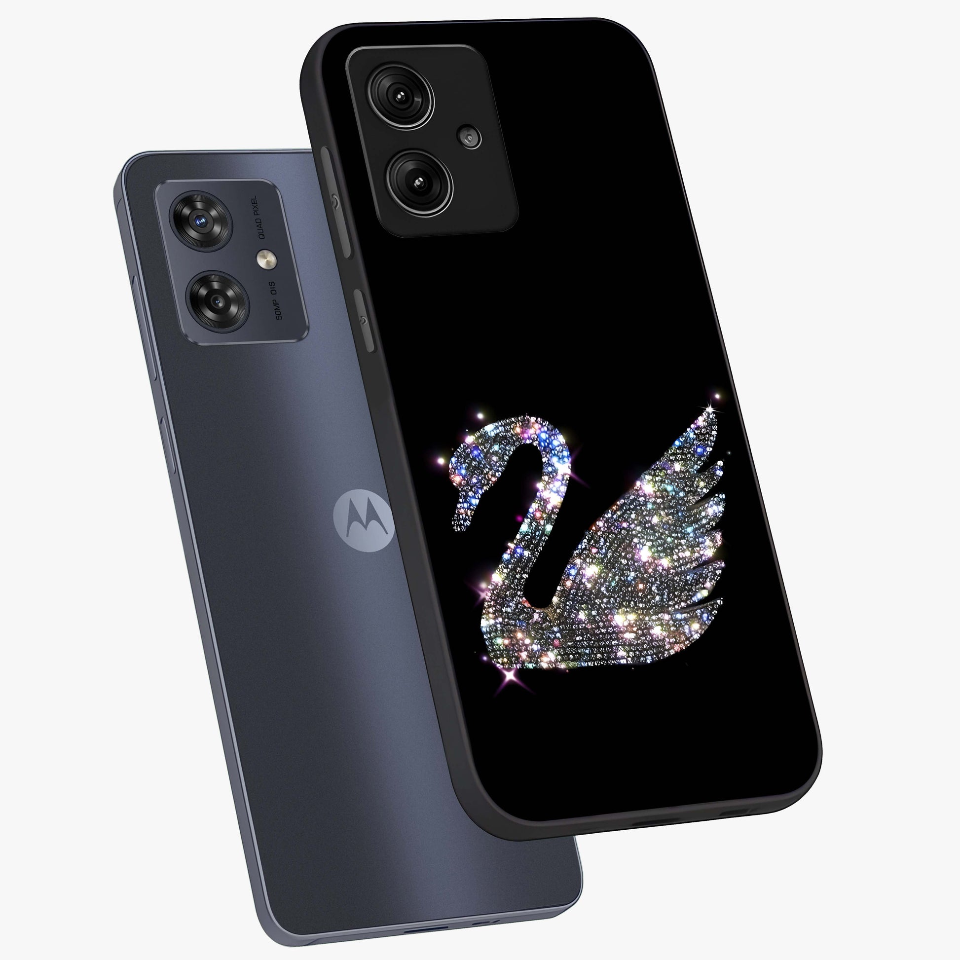 Starlit Swan Grace Glass Case displayed in angled mockup highlighting elegant swan illustration with dreamy celestial aesthetic.