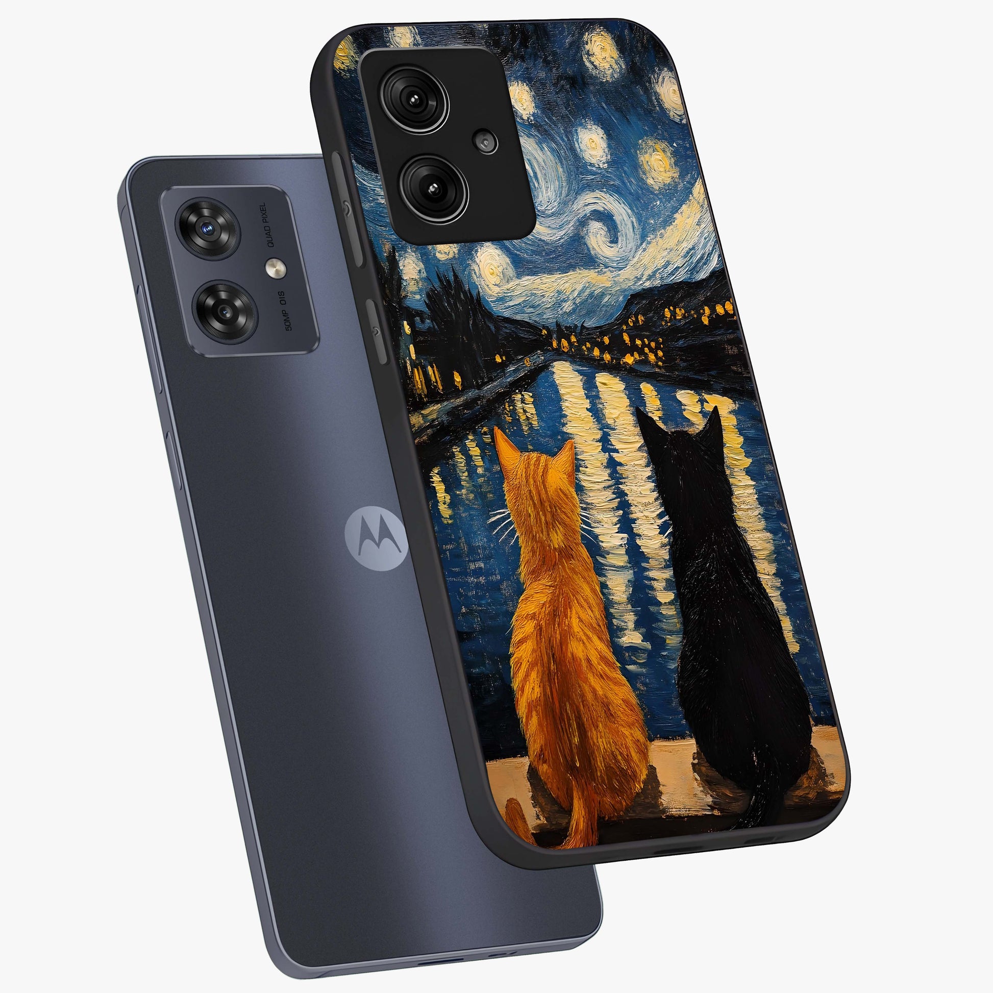 Starry River Cats Glass Case displayed in angled mockup highlighting charming feline illustration with dreamy night aesthetic.