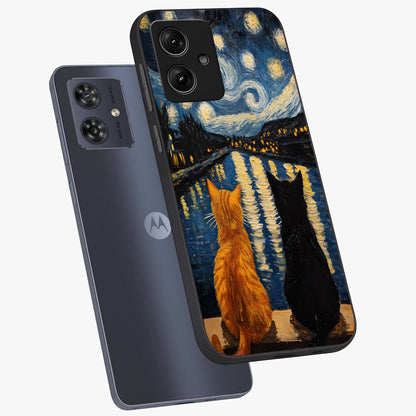 Starry River Cats Glass Case displayed in angled mockup highlighting charming feline illustration with dreamy night aesthetic.