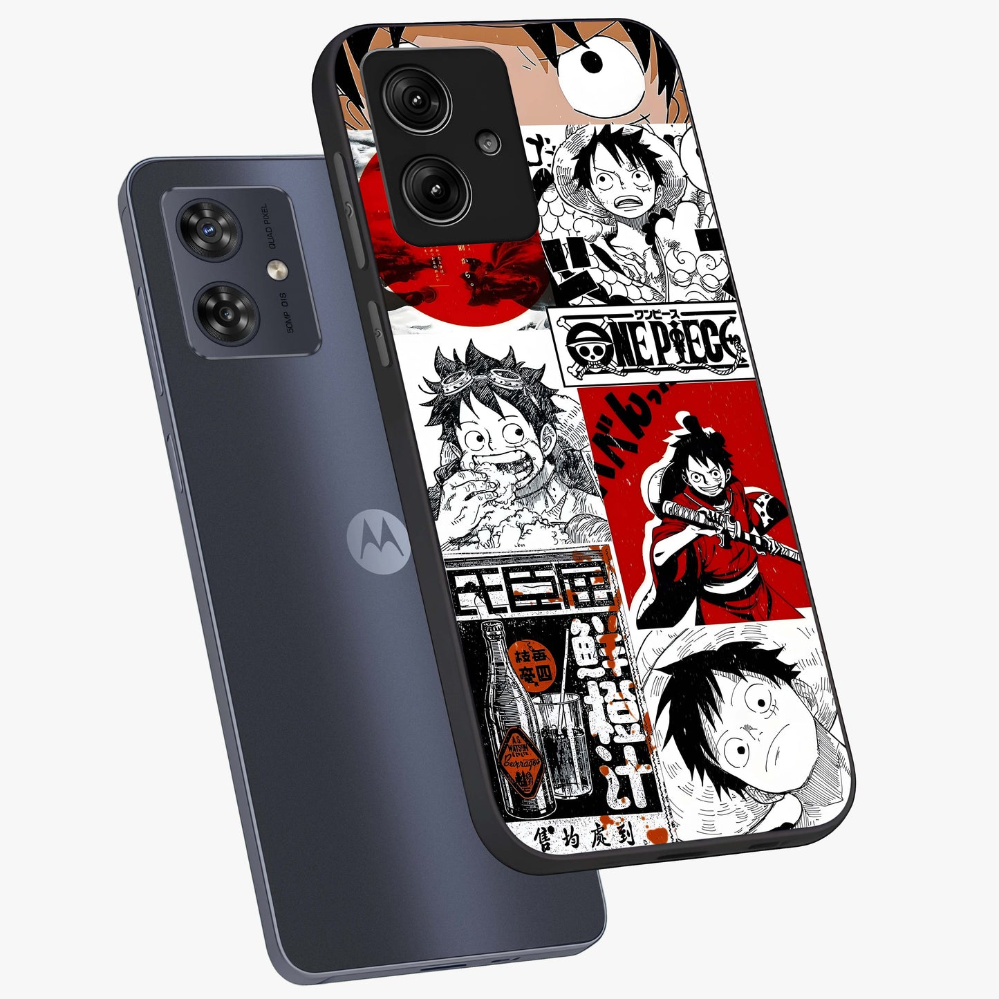 Strawhat Chaos Panels Glass Case displayed in angled mockup highlighting vibrant anime collage design with action aesthetic.