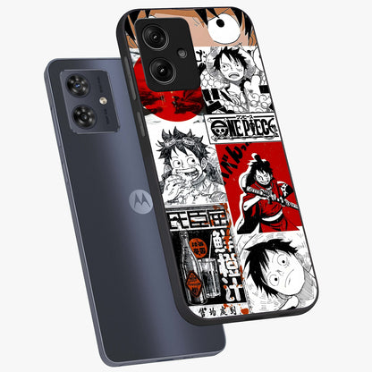 Strawhat Chaos Panels Glass Case displayed in angled mockup highlighting vibrant anime collage design with action aesthetic.