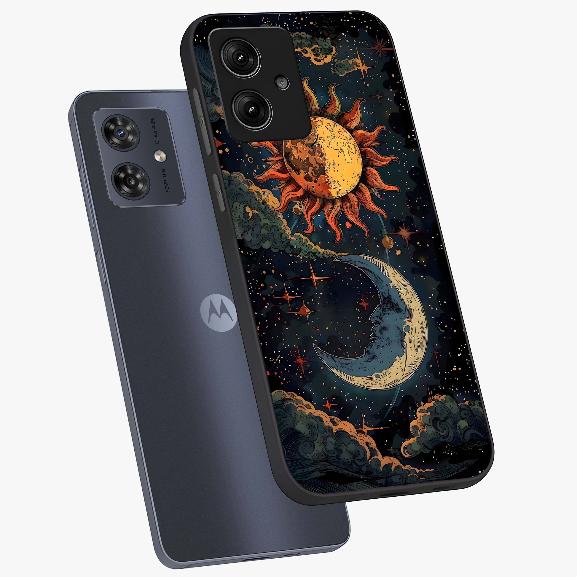 Sun And Moon Magic Design Glass Case displayed in angled mockup highlighting celestial design with magical cosmic aesthetic.