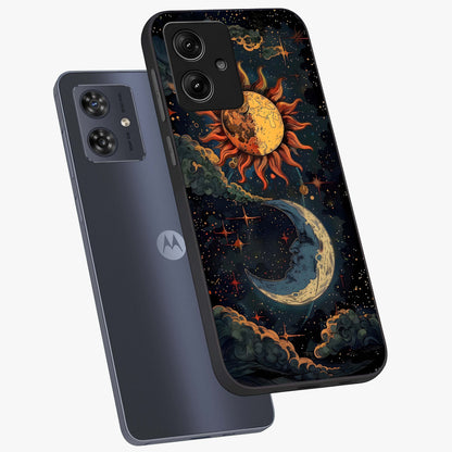 Sun And Moon Magic Design Glass Case displayed in angled mockup highlighting celestial design with magical cosmic aesthetic.