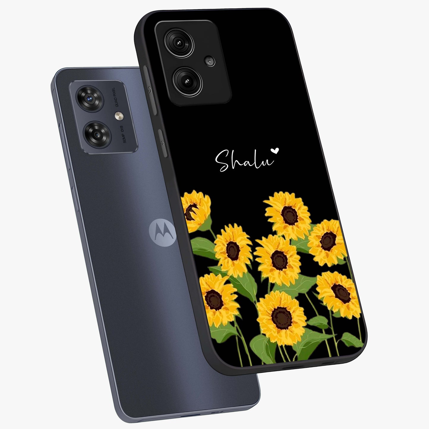 Sunflower Chic Mood Custom Name Glass Case displayed in angled mockup highlighting vibrant sunflower design with custom name feature.