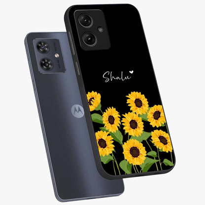 Sunflower Chic Mood Custom Name Glass Case displayed in angled mockup highlighting vibrant sunflower design with custom name feature.
