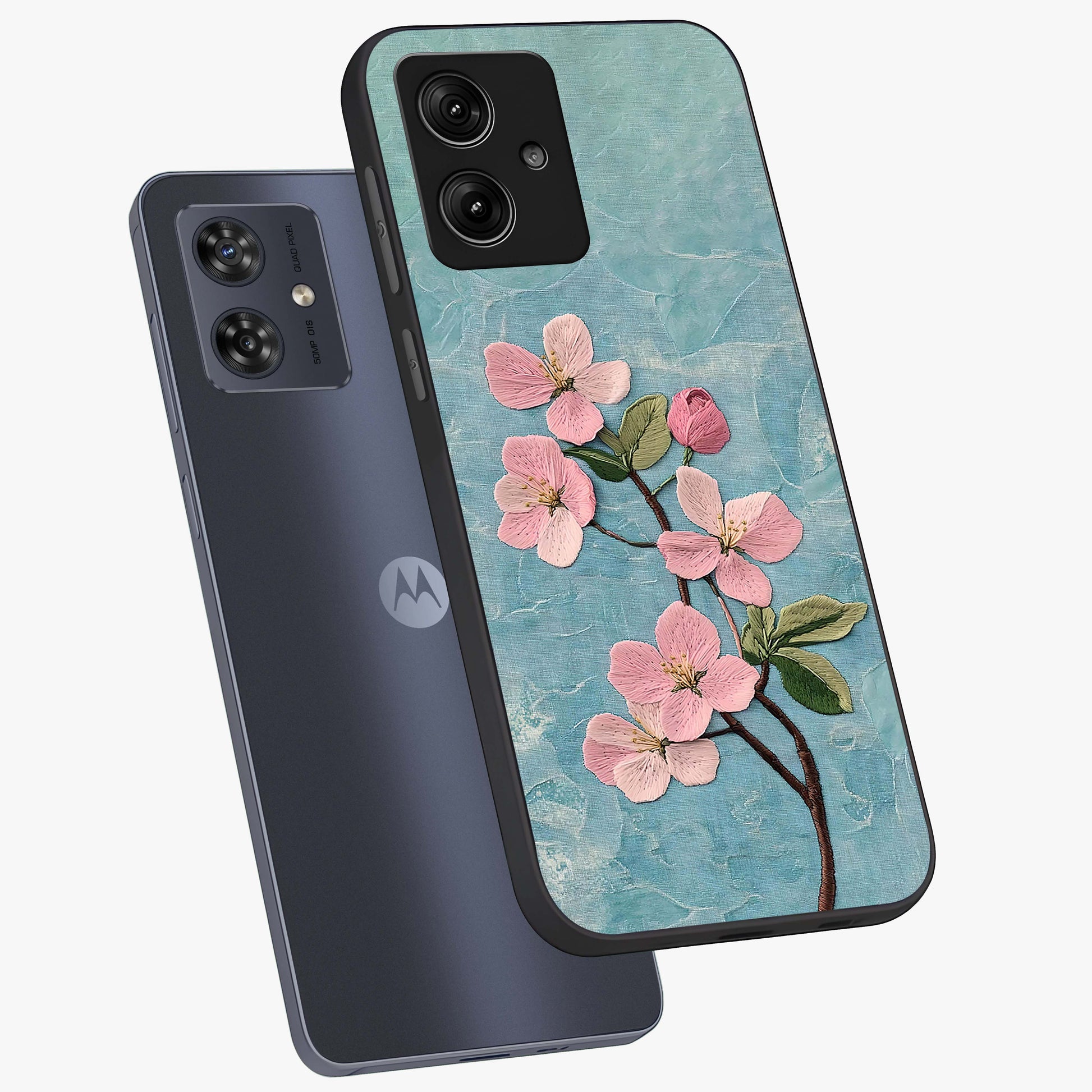 Threaded Blossom Breeze Glass Case displayed in angled mockup highlighting elegant floral design with soft aesthetic style.