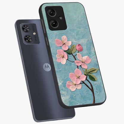 Threaded Blossom Breeze Glass Case displayed in angled mockup highlighting elegant floral design with soft aesthetic style.