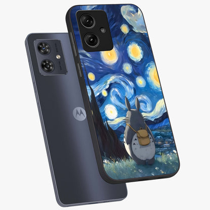 Totoro In Van Gogh Art Glass Case displayed in angled mockup highlighting artistic swirling sky design with playful animation aesthetic.