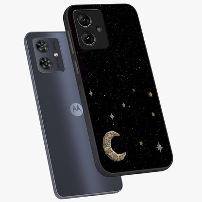 Twinkle Star With Half Moon Glass Case displayed in angled mockup highlighting celestial moon and star design with magical aesthetic.