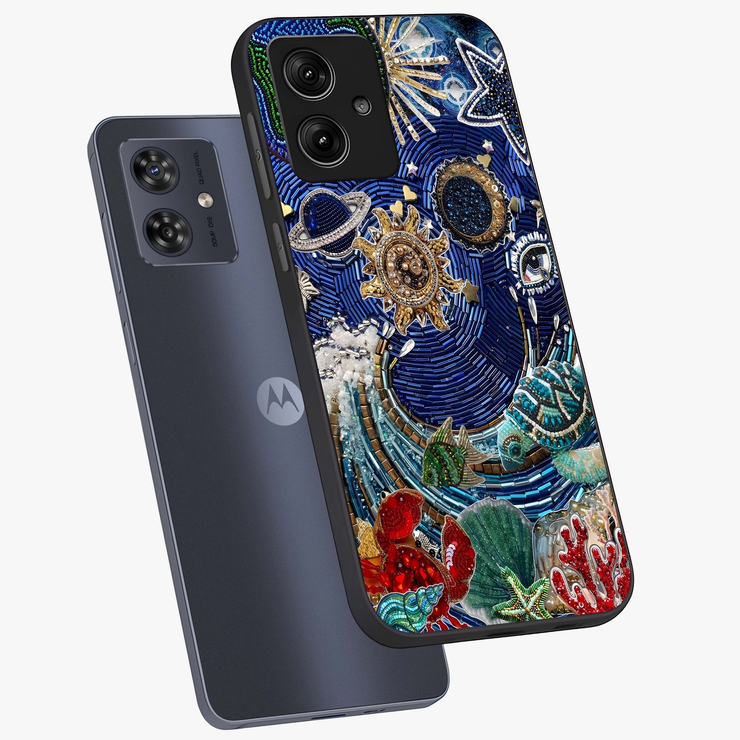 Universe Underwater Spark Glass Case displayed in angled mockup highlighting glowing aquatic design with celestial aesthetic.