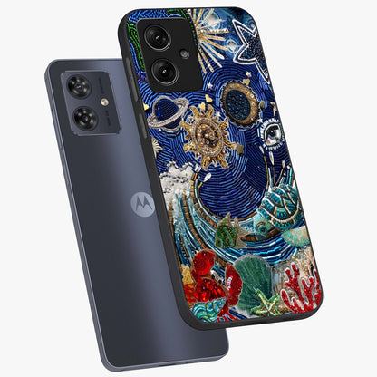 Universe Underwater Spark Glass Case displayed in angled mockup highlighting glowing aquatic design with celestial aesthetic.