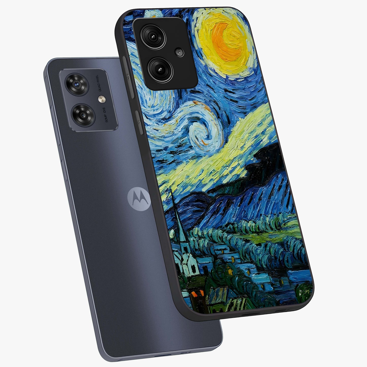 Van Gogh Art Glass Case displayed in angled mockup highlighting swirling brushstroke design with artistic aesthetic.