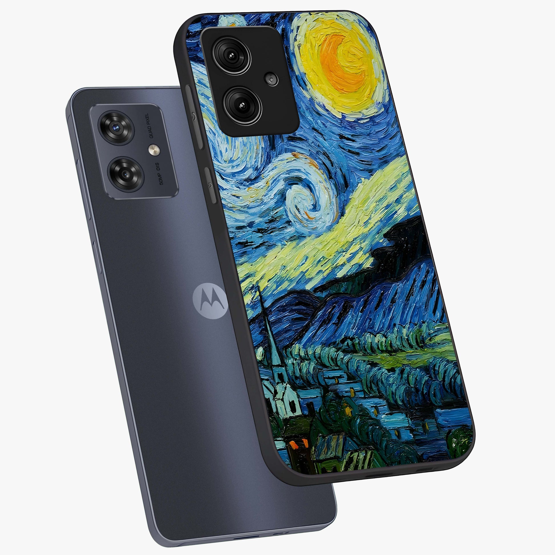 Van Gogh Art Glass Case displayed in angled mockup highlighting swirling brushstroke design with artistic aesthetic.