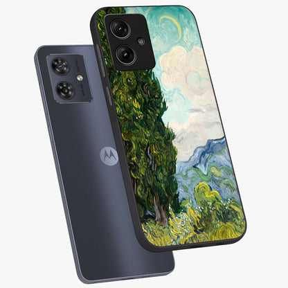 Van Gogh Vintage Art Glass Case displayed in angled mockup highlighting textured brushstroke design with classic aesthetic.