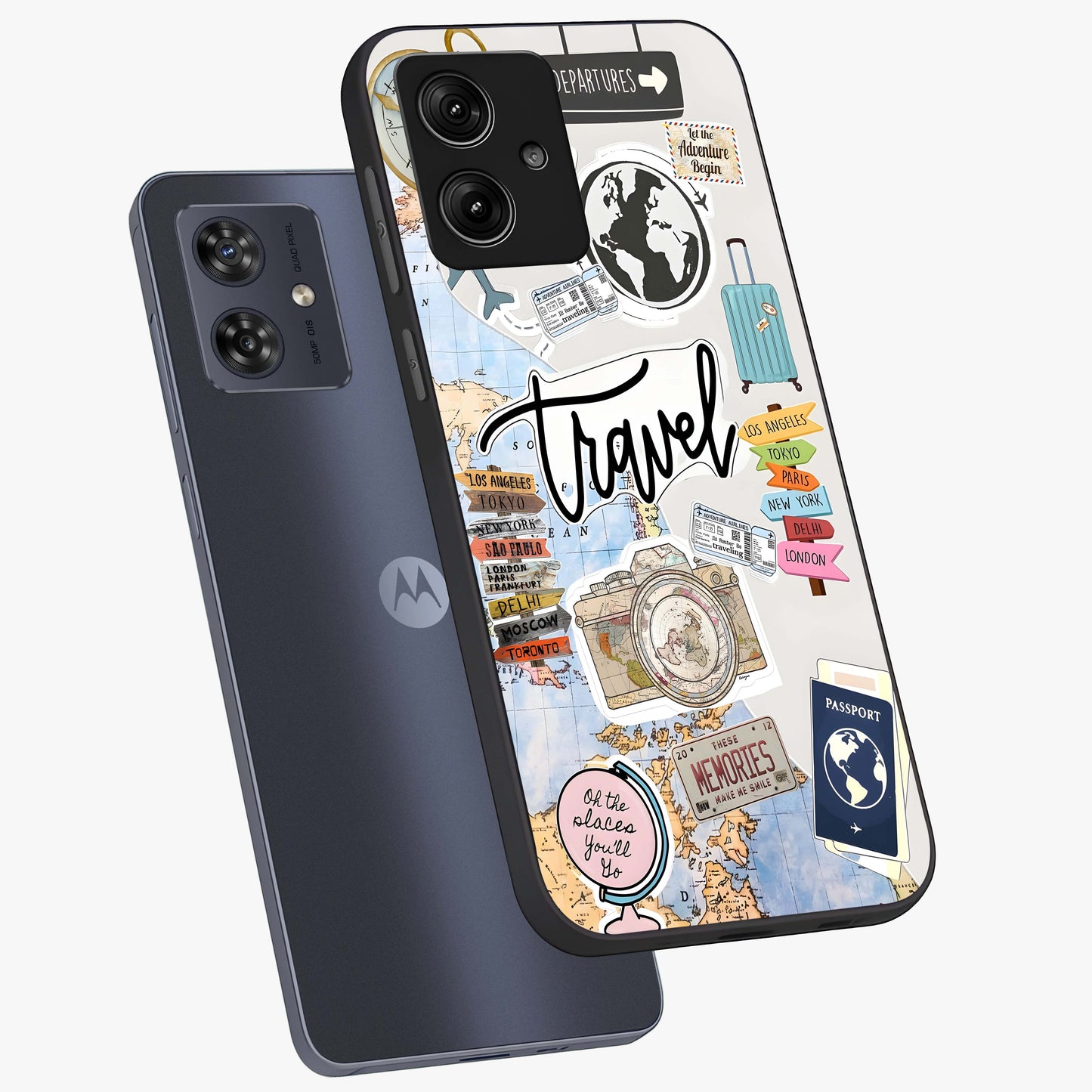 Wanderlust Journal Glass Case displayed in angled mockup highlighting adventure themed design with aesthetic travel vibe.