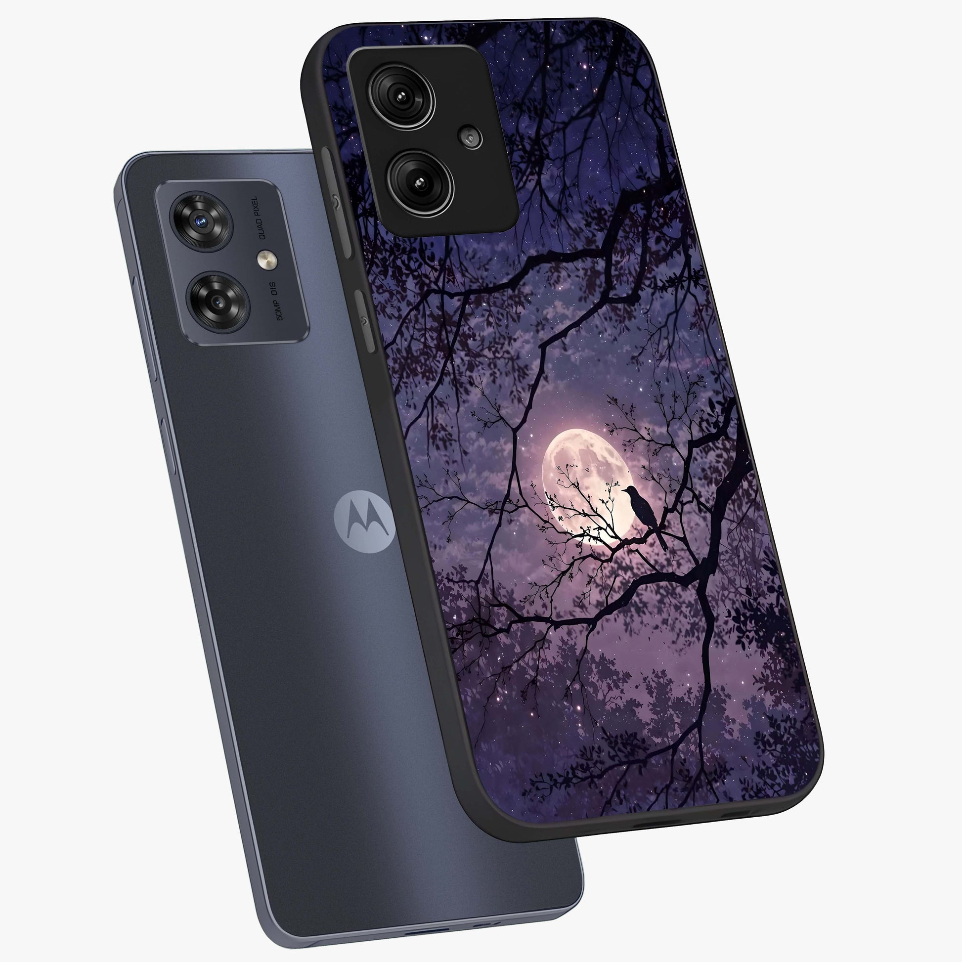 Whispering Moon Silence Glass Case displayed in angled mockup highlighting calm lunar design with dreamy night aesthetic.