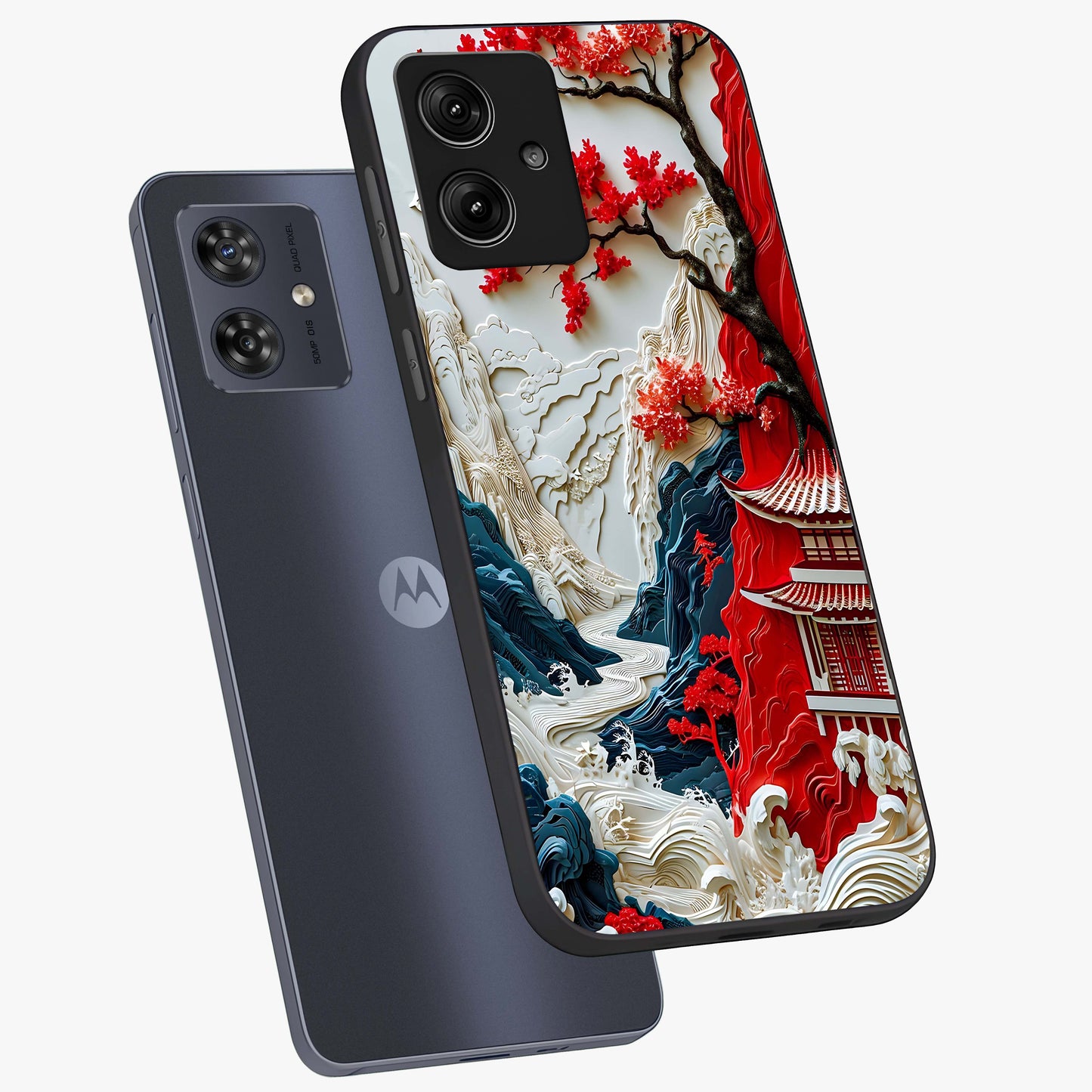 Whispers Of Sakura Waves Glass Case displayed in angled mockup highlighting flowing sakura design with soft floral aesthetic.