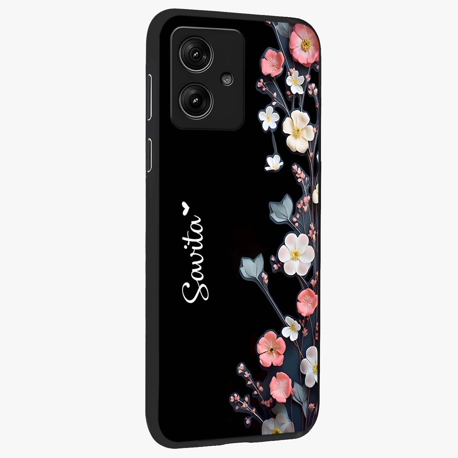 Black Elegance Floral Custom Name Glass Case upright view showcasing luxurious black floral design with personalized name detail.