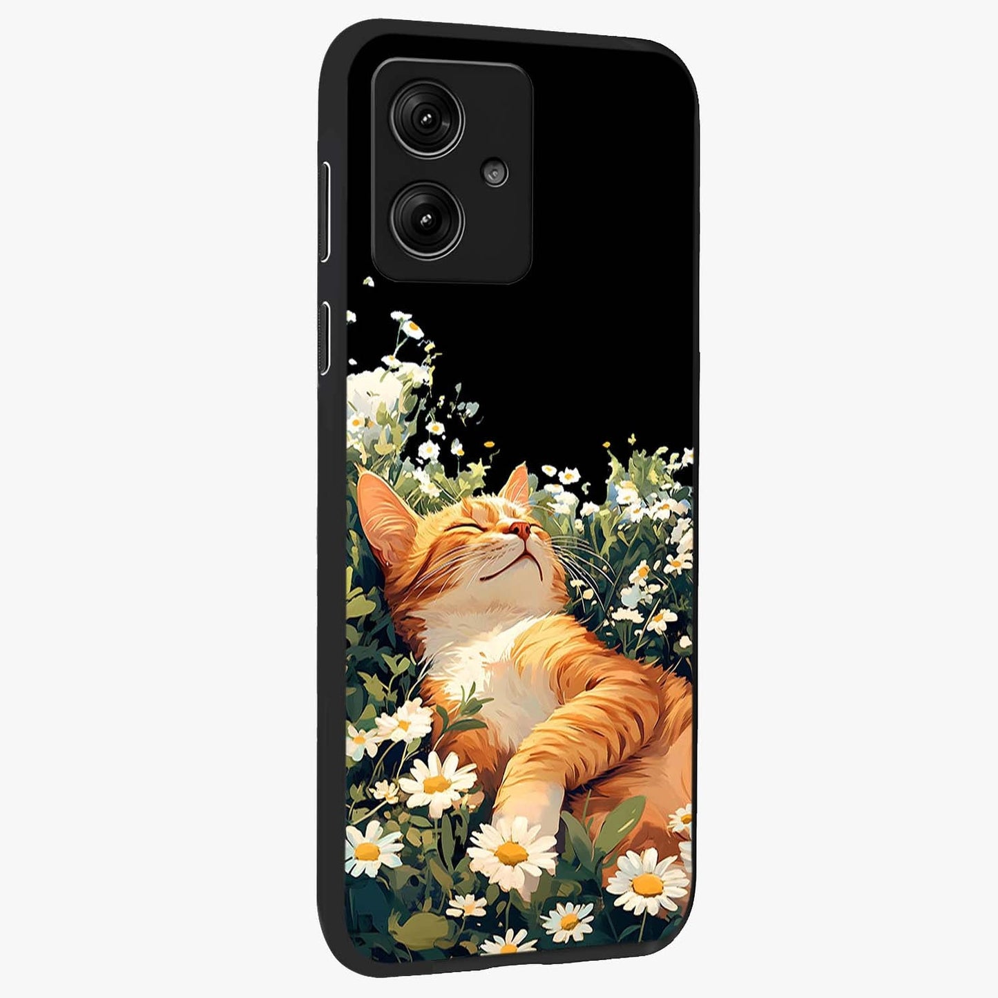 Blissful Bloom Cat Glass Case upright view showcasing charming cat design surrounded by blooming floral elements.