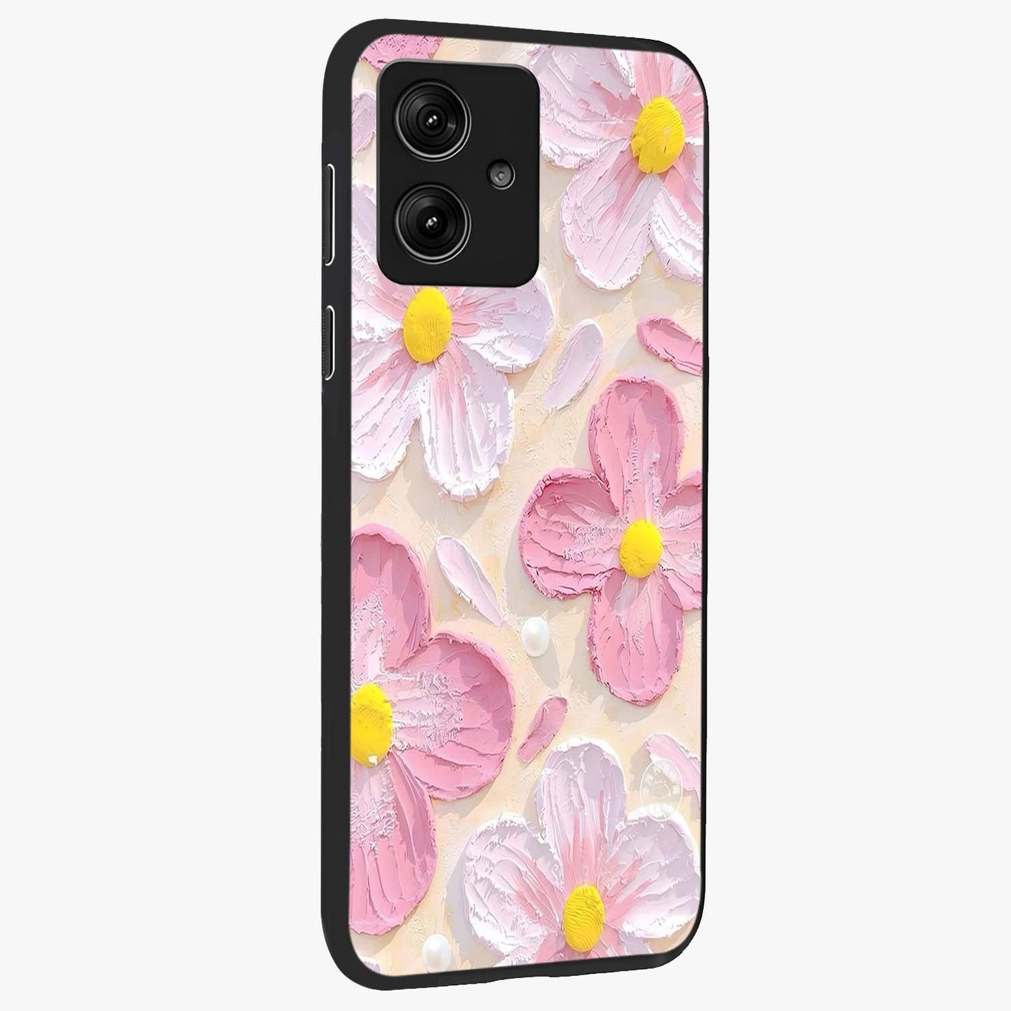Blush Bloom Texture Glass Case upright view showcasing delicate blush floral texture with modern minimal style.
