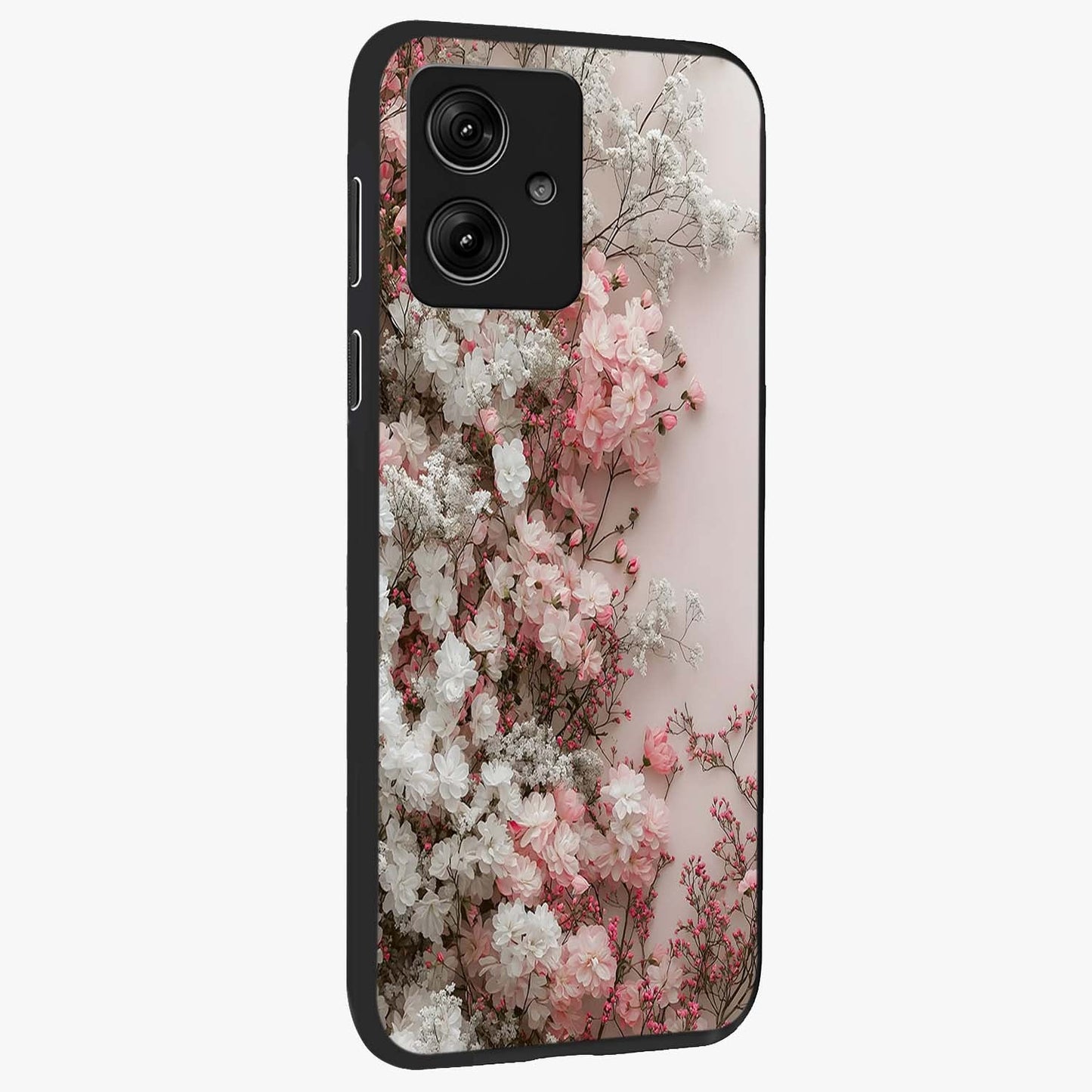 Blush Blossom Cloud Glass Case upright view showcasing calm floral cloud artwork with gentle dreamy theme.