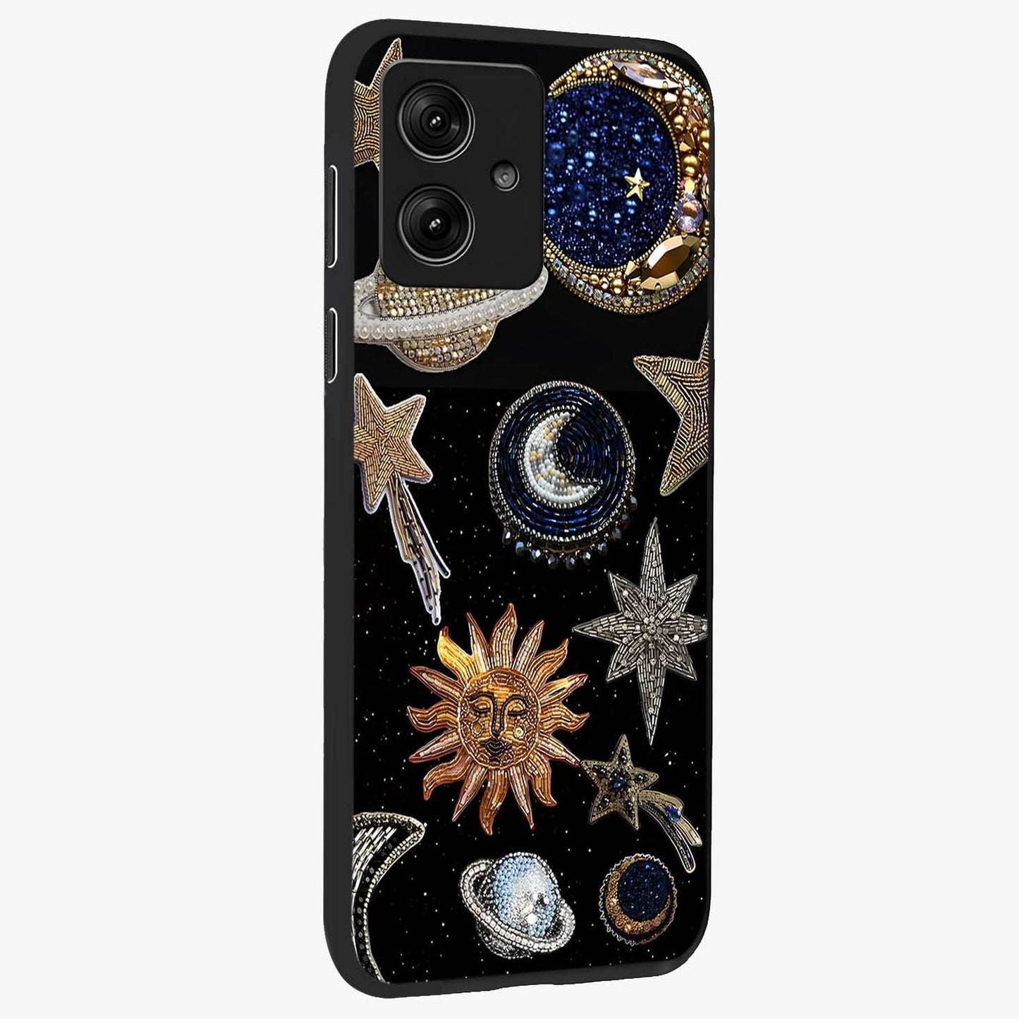 Celestial Gem Constellations Glass Case upright view showcasing cosmic constellation artwork with celestial aesthetic style.